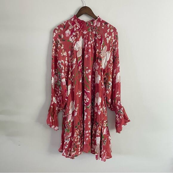 byTiMo | Women’s Chiffon Floral Botanical Rust Red Mini Shift Dress Mock-neck L - Picture 1 of 9